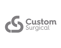 Gray logo with interlocking geometric shapes on the left and the words Custom Surgical in bold and regular font on the right, all on a white background.