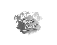 A logo with the words Music Coast in stylized script, set against a backdrop of palm trees and a paint splatter design. The image has a tropical and artistic feel.