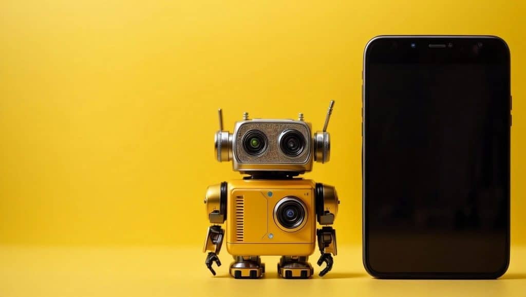 A small yellow toy robot with antennas stands next to a large black smartphone against a bright yellow background.