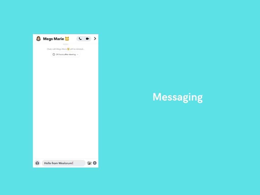 A light blue background with a smartphone screen showing a messaging app. The chat is with Megs Marie, and a message at the bottom says, Hello from Webaround! Ideal for those looking to develop an app like Snapchat, "Messaging" is written to the right.