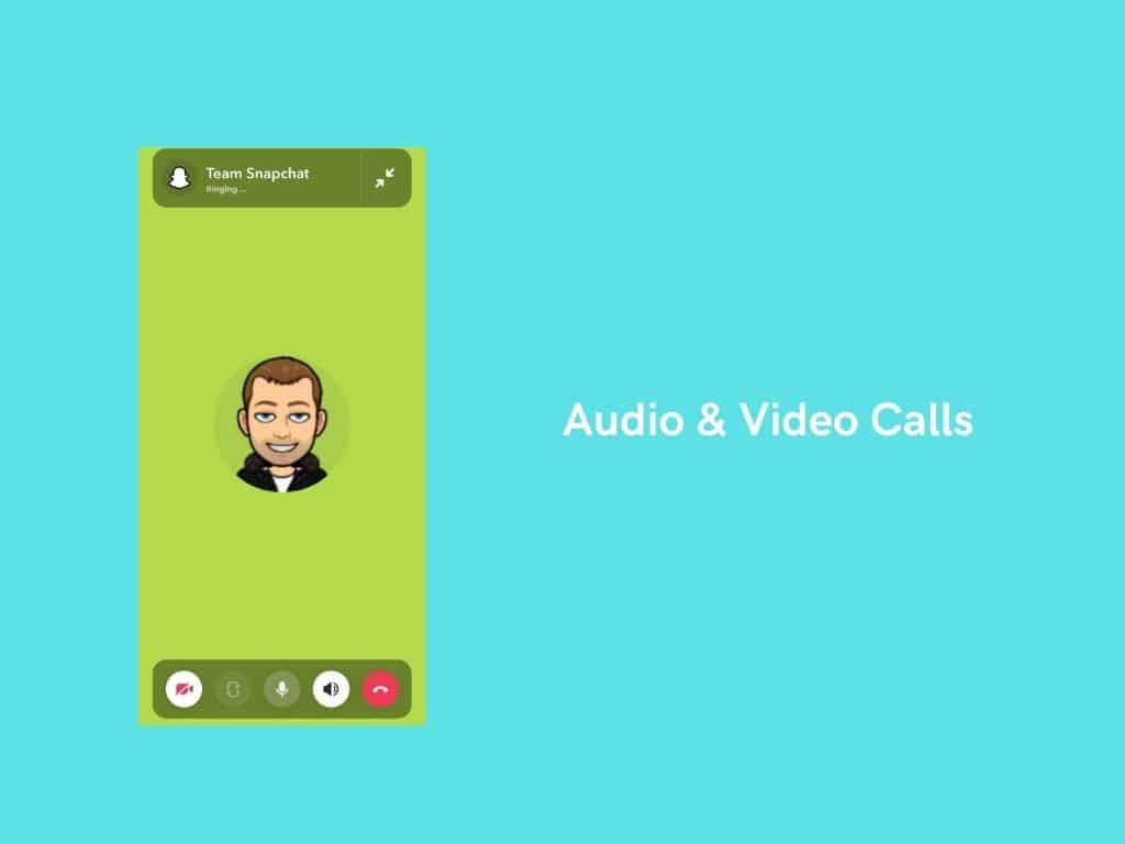 A cartoon avatar wearing headphones appears on a green phone call screen labeled Team Snapchat. Next to it, the text reads Audio & Video Calls on a blue background—perfect inspiration if you want to develop an app like Snapchat.