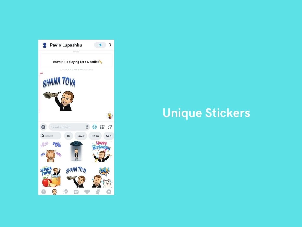 A smartphone screen displays a messaging app like Snapchat with custom cartoon stickers and the phrase Shana Tova. The background is teal, and white text on the right reads Unique Stickers.