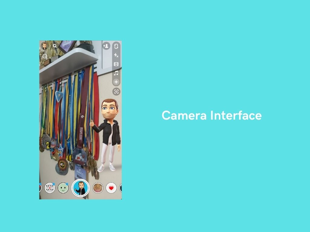 A digital avatar stands next to a wall displaying colorful medals, shown on a phone camera interface with various icons and filters—perfect inspiration if you want to develop an app like Snapchat. The light blue background features the text Camera Interface.