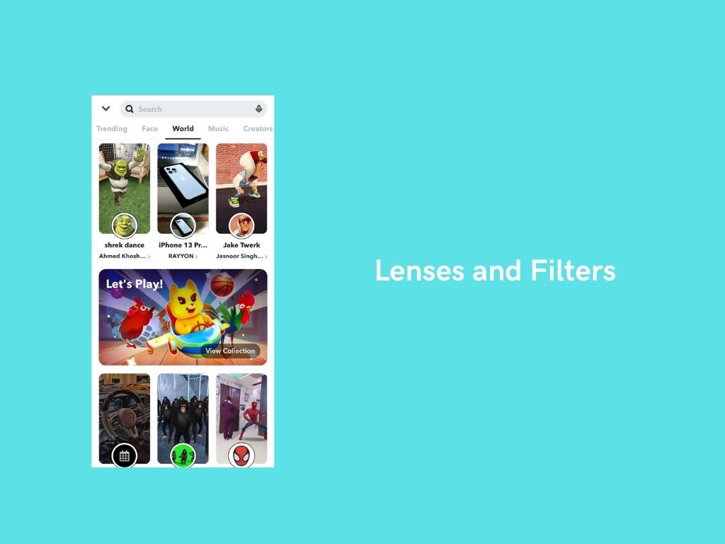 A smartphone screen displays a social media app with trending filters and lenses, like a dancing shark and cartoon avatars—a playful scene that inspires anyone looking to create an app like Snapchat. Turquoise background with “Lenses and Filters” to the right.