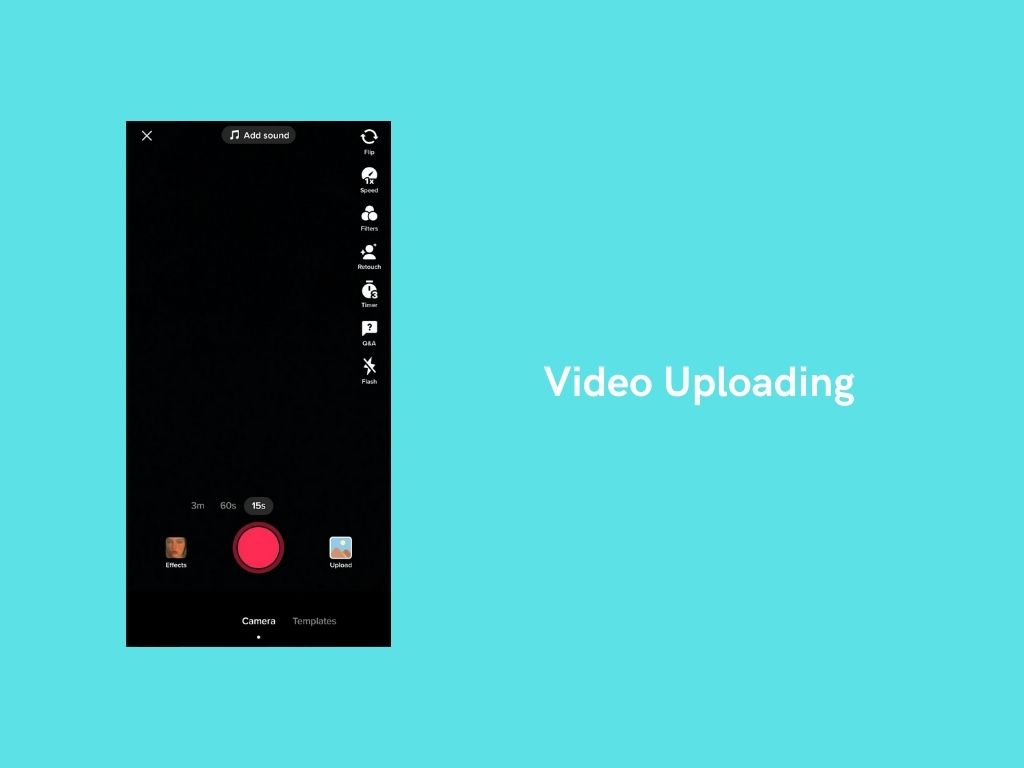 Smartphone screen displaying a video recording interface with a red record button, icons on the right, and “Video Uploading” on a blue background—perfect for those interested in how to create TikTok app features or TikTok app development.