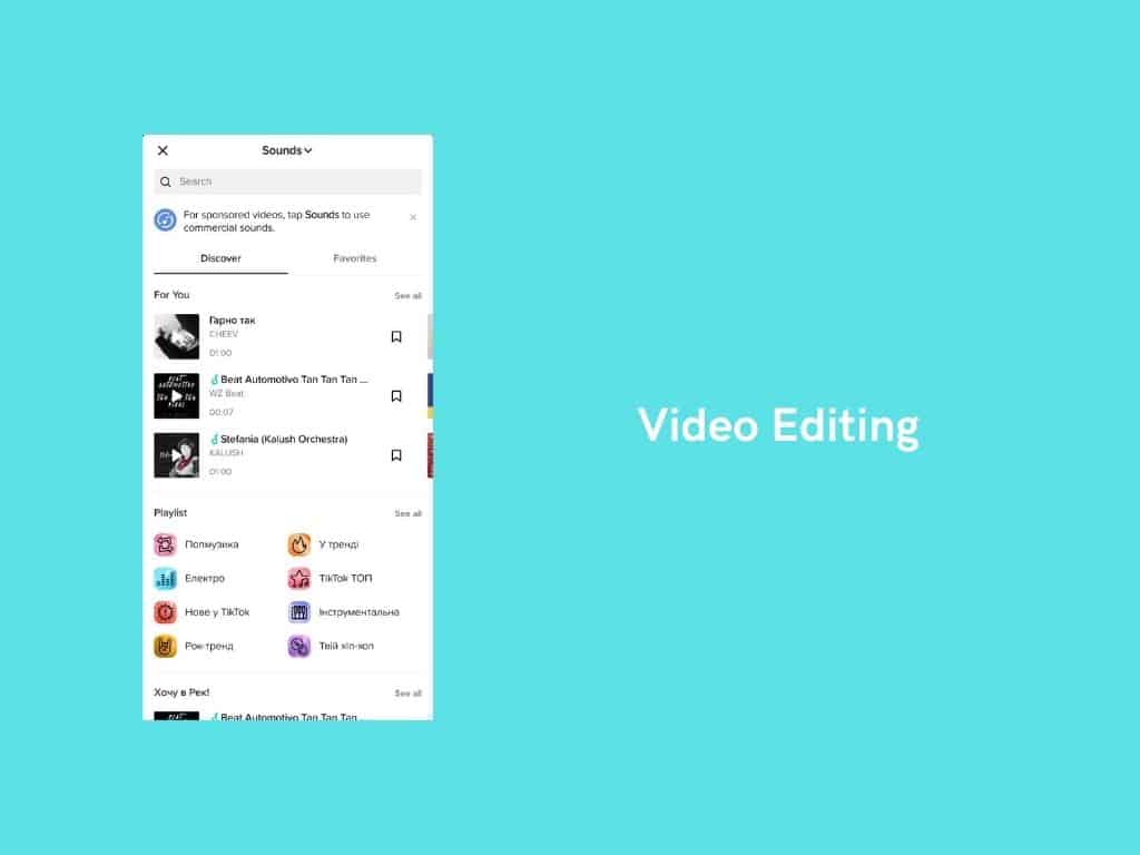 A screenshot of a music selection menu on a video editing app—perfect inspiration if you want to create an app like TikTok. The interface features a turquoise background and the text Video Editing beside the menu.
