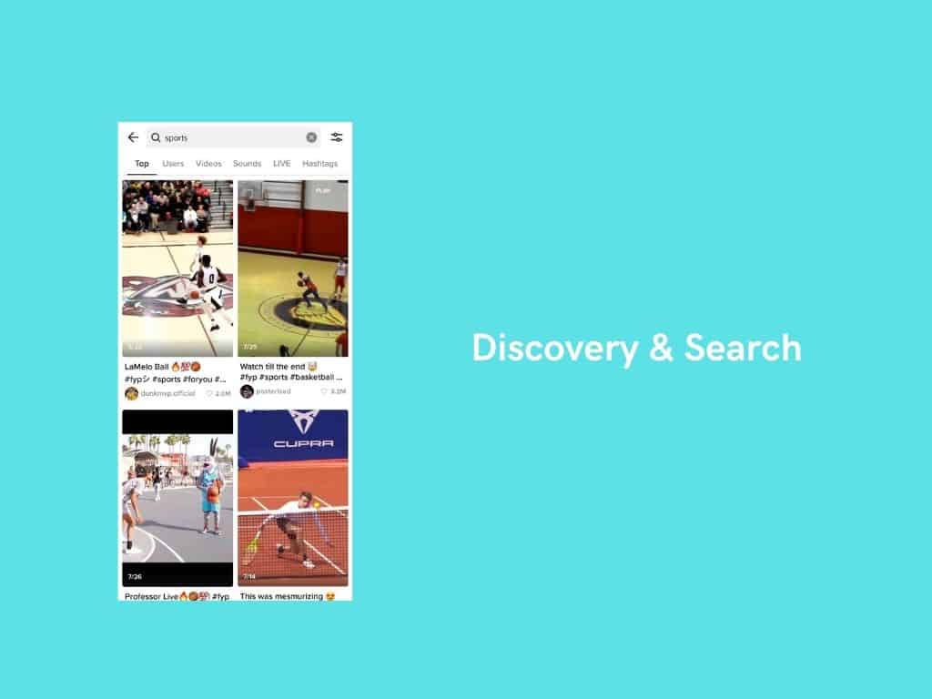 A phone screen displays a sports video search, showing basketball and tennis clips, next to Discovery & Search text on a light blue background—ideal inspiration if you want to create an app like TikTok.