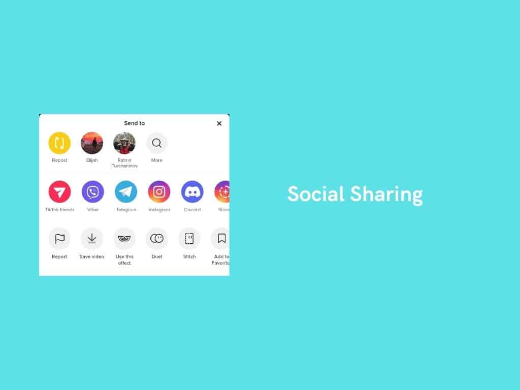 A screenshot shows a social sharing menu with icons for apps like TikTok, Viber, Telegram, and Instagram on a blue background with the text “Social Sharing”—perfect inspiration if you want to create an app like TikTok.