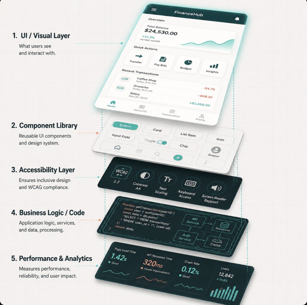 Application layers an audit covers: UI, component library, accessibility, business logic and performance